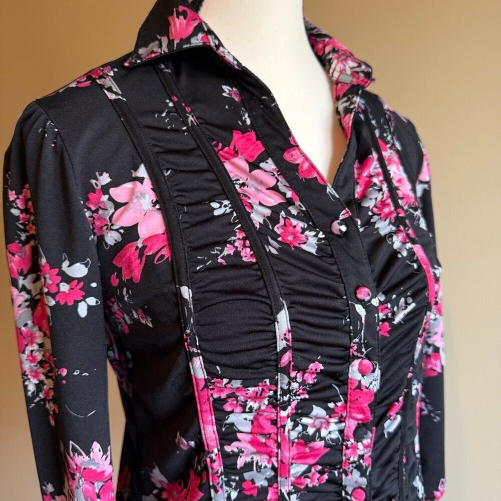 Denver Hayes black button down shirt pink flowers, ruching along button …
